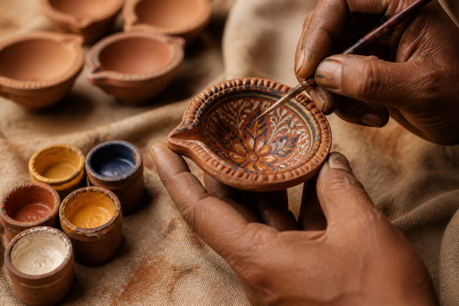 Artisan hand-painting a RangMrida terracotta diya