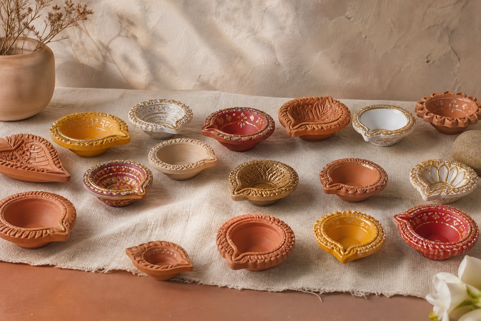 Complete RangMrida diya range — classics, colourful and luxe finishes